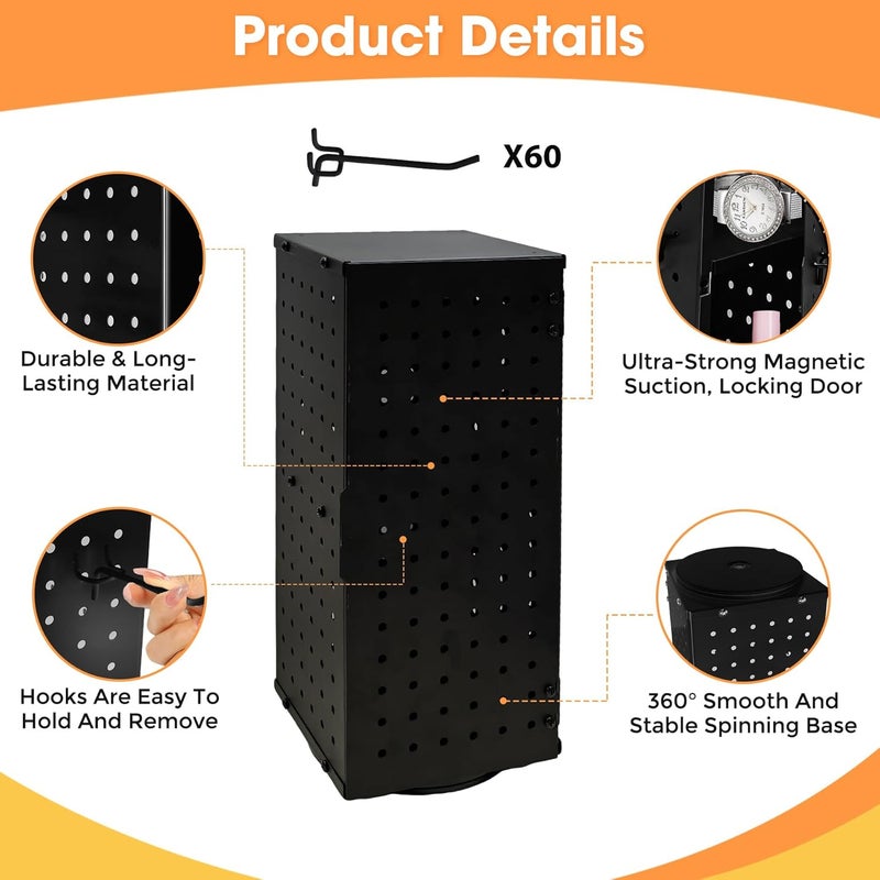 NewEle 360° Rotating Pegboard Display Stand with 60 Hooks & Inner Storage Compartments - Metal Peg Board Keychain Jewelry Display Stand for Vendors, Retail, Craft Shows (Black) - Image 4